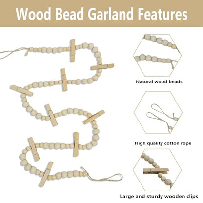 Hanging Photo Display with Clips - Wood Bead & Jute Rope Picture String with 9 Clips | Boho Photo Garland for Bedroom, Living Room Fall Decor | Wall Art Decor Hanging Display(2 PCS)
