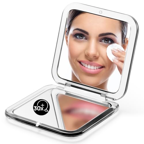 OMIRO Folding Compact Mirror, 1X/30X Magnification 3½” Pocket Size Square Hand Mirror for Travel Makeup (Transparent Black) - color: Transparent Black-30x