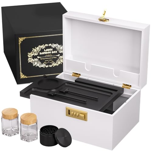 Bamboo Storage Box with Lid and Lock - Wooden Storage Box with Rolling Tray, Adjustable Dividers, Elegant Storage Organizer, Gift for Men - color: White & Black, size: Medium