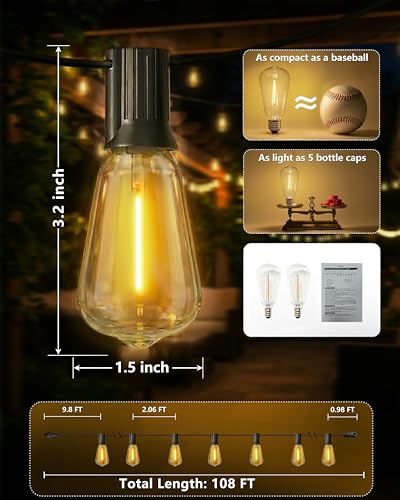 108FT (48+2) Outdoor String Lights Solar Powered, ST38 Dimmable Patio Lights with Remote & USB Charging, Dusk to Dawn, 2700K LED String Solar Light for Backyard, Garden, Porch, Wedding Decor - size: 108FT (48Bulbs)