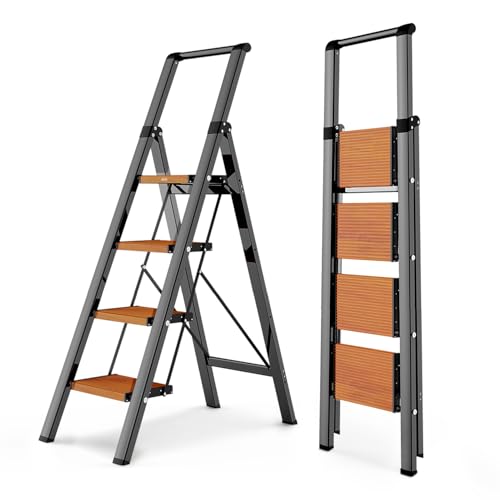 WOA WOA 4 Step Ladder, Ladders for Home, Anti-Slip Pedals, Aluminum Step Stool Foldable, Lightweight to Move, Ease of Storage, Reach 9ft for Closet Kitchen Library, Hold 300lbs - Black&Wood Grain - color: Black & Wood Grain, size: 4 Step