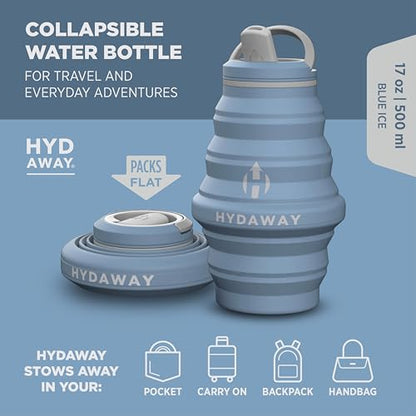 HYDAWAY 17oz Travel Collapsible Water Bottle - BPA-Free, Leakproof, Lightweight, Reusable - color: Blue Ice