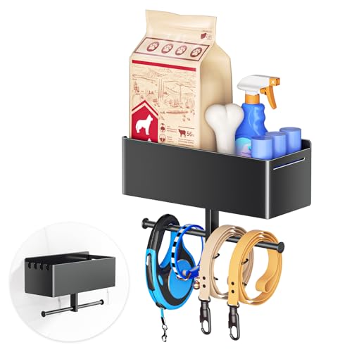 Dog Leash Holder for Wall, Dog Leash Hooks, Pet Stuff Organizer with Shelf Storage, Metal Key Holder, Leash Hangers Organizer Rack for Pet Collar, Toys, Treats, Poop Bag (Black) - color: Black