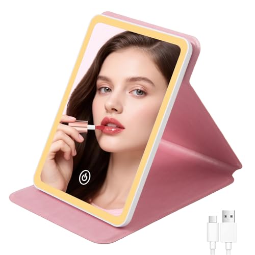 Travel Mirror with Light 3 Colors Dimmable Rechargeable 1500mAh Battery for 4~6 Hours Gifts for Bridesmaid Birthday Anniversary Mothers Day for Women Mom Wife (Pink) - color: Pink