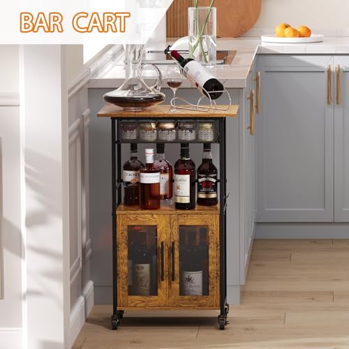 3 Tier Slim Rolling Coffee Cart with 2-Door & Pull-Out Wire Basket Drawer, Coffee Bar Cabinet on Lockable Casters, 32.7" H Microwave Cart with Storage for Home, Kitchen, Dining Room (Rustic Brown) - size: Medium