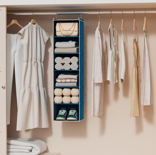 MAX Houser 6-Shelf Hanging Closet Organizer, Hanging Storage Shelves with 2 Sturdy Hooks Space-Saving for Bedroom, Foldable (Blue) - color: Blue