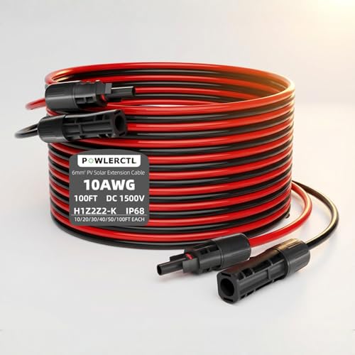 Solar Panel Extension Cable 10 AWG 100Ft 6mm² Wire Gauge Certified PV Cable,100% Tinned Copper Heavy Duty with Male Female Waterproof mc4 Connectors,for RV, Home Boat Photovoltaic Systems - size: 10AWG 100FT×2