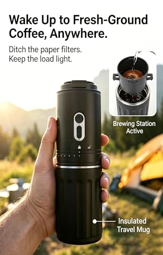 Portable Coffee Maker, Travel Coffee Maker, Portable Battery Pour Over Set, Rechargeable Coffee Maker with Electric Grinder & Insulated Mug for Travel, Camping, Car