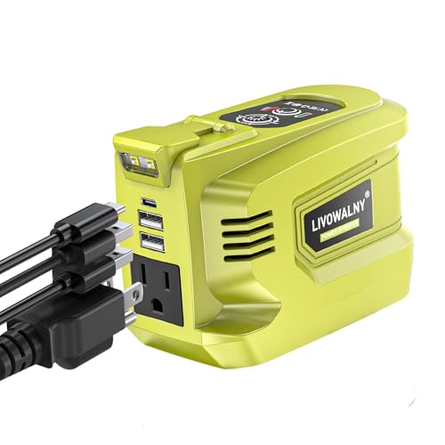 LIVOWALNY 200W Power Inverter Compatible with Ryobi 18V Battery, DC 18V to AC 110-120V Power Station with 1 AC Outlet, 2 USB, 1 Type-C & LED Light, for Camping Power Outage (No Battery) - color: Green, size: 1-PACK
