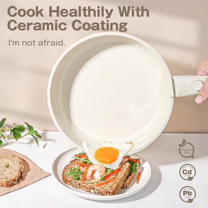 GiPP Ceramic Pots and Pans Set Non Stick, Nonstick Detachable Handle Cookware Sets, Non Toxic Induction Kitchen Pot and Pan with Removable Handle, Healthy RV Cookware, Dishwasher ＆Oven Safe, 7 Piece - color: White, size: 7PCS 04