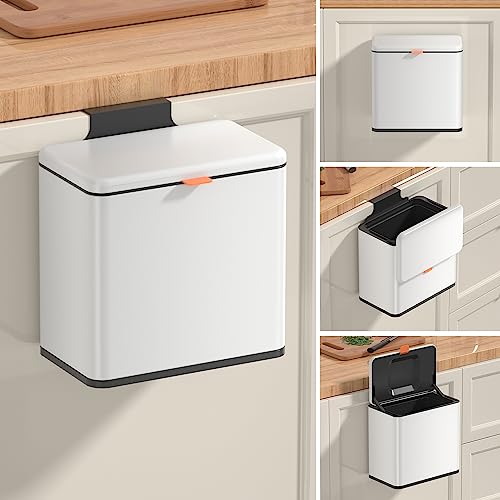 Mbillion Kitchen Compost Bin Hanging Trash Can with Lid 1.05 Gallon Stainless Steel Garbage Can for Kitchen Cabinet Door Mounted Trash Can Under Sink Door RV Bathroom,White - color: White, size: 1.05 Gal