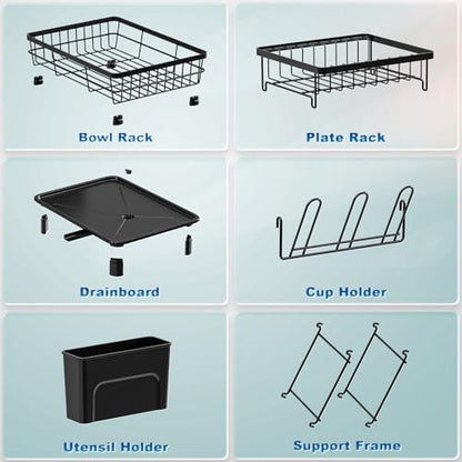 GAOKASE Dish Drying Rack, Stainless Steel-Dish Rack, Dish Racks for Kitchen Counter, Kitchen Dish Drainers with Removable Utensil Holder,New Drain Outlet,Plate Rack and Drainboard (Black 3) - color: Black 3
