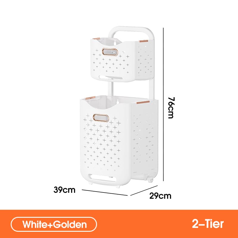 Collapsible Laundry Basket Organizer, 2-Tier Foldable Laundry Sorter with Wheels & Wall Mount, Space-Saving Slim Laundry Hamper with Removable Bins, 80L Capacity for Bathroom, Dorm & Small Spaces - size: 2-Tier