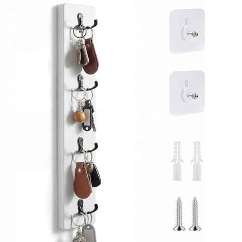 Supkiir Vertical Key Holder for Wall, Wooden Wall Mount Key Rack with 4 Double Hooks, Space-Saving White Wooden Keys Rack Organizer for Home Entryway, Garage Decor, Keys, Wallets and Pet Leashes