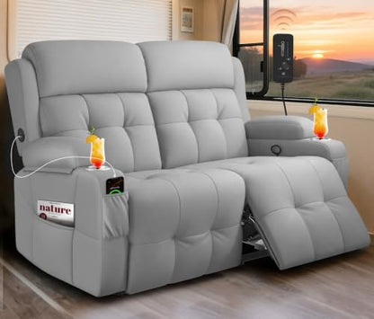 RV Loveseat Recliner Sofa, Reclining Loveseats Couch for RV Furniture, Home Theater Seating with Massage, USB, Insert Pockets, Cup Holders, 150° Wall Hugger RV Recliners Sleeper Sofa - color: Light Gray, size: Loveseat-G1