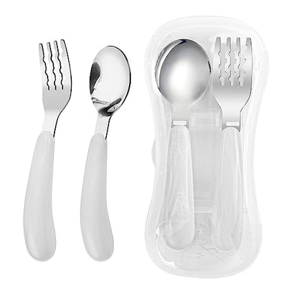 VANRA 2 Pieces Toddler Fork and Spoon Set with Travel Case 18/8 Stainless Steel Toddler Utensils Kids Silverware Children Flatware Child Cutlery Set for School Lunch Box (White) - color: White
