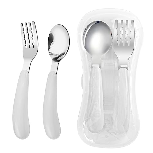 VANRA 2 Pieces Toddler Fork and Spoon Set with Travel Case 18/8 Stainless Steel Toddler Utensils Kids Silverware Children Flatware Child Cutlery Set for School Lunch Box (White) - color: White