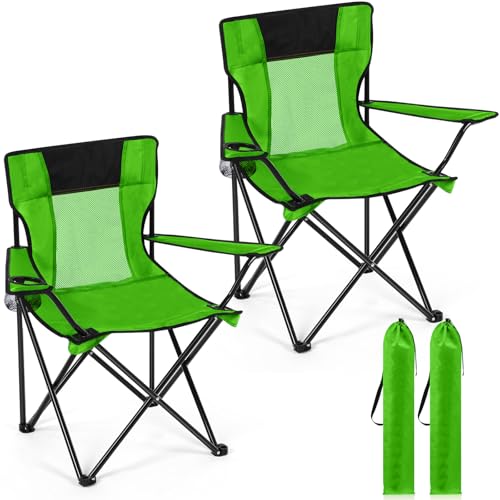 Shellwei 2 PCS Folding Camping Chair with Cupholder and Carry Bag Regular Size Colorful Breathable Portable Lightweight Lawn Chair with Side Pocket for Fishing Hiking Beach Outdoor Activity - color: Green