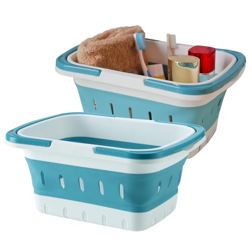 2 Pack Portable Folding Plastic Shower Caddy Basket, Perforated, Travel Bathroom Organizer for Bedroom, Shower, Collage Dorm Room, Camping and RV Use (Blue, 2 pack) - color: Blue, size: 2 pack