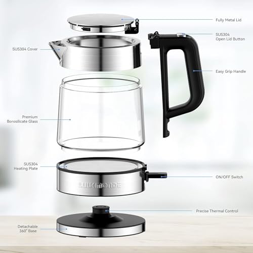 LUUKMONDE Electric Kettle, 1L 1500W, Small Glass Tea Kettle, Hot Water Boiler with LED Indicator, Cordless Water Heater Kettle, BPA-Free, Fast Boiling, Auto Shut-Off, Boil-Dry Protection