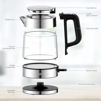 LUUKMONDE Electric Kettle, 1L 1500W, Small Glass Tea Kettle, Hot Water Boiler with LED Indicator, Cordless Water Heater Kettle, BPA-Free, Fast Boiling, Auto Shut-Off, Boil-Dry Protection