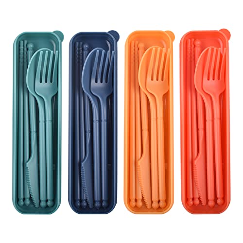Reusable Utensils Set with Case, 4 Sets Plastic Spoons and Forks Set, Camping Utensil Set, Travel Cutlery Set Lunch Box Accessories for Lunch Box, School or Daily Use - color: 4 colors