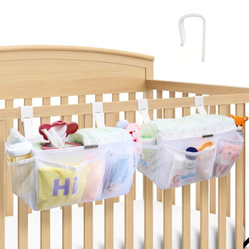 2-Pack Hanging Diaper Organizer for Crib & Changing Table | 50+ Large Capacity Baby Diaper Caddy, Washable Newborn Essentials Organizer for Baby Girl, Ideal Baby Shower Gifts with Hook Straps-White - color: White