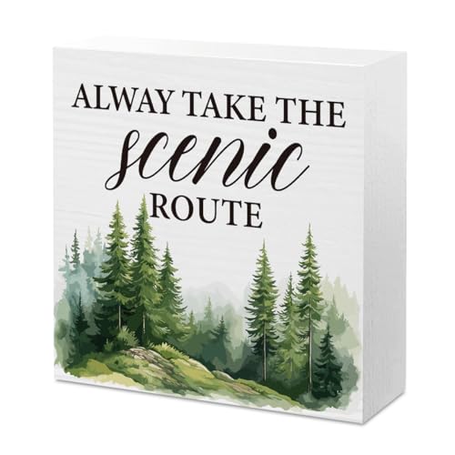 Mountain Woodland Decor Camper Camping Travel Adventure Forest Awaits Sign Rv Classroom Decor for Home Office Desk Room Table Cubicle Shelf 5 X 5 Inch - color: Scenic