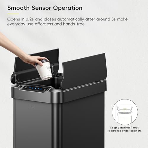 EKO Phantom-T 13.2 Gallon/ 50L Automatic Sensor Kitchen Trash Can, Slim Stainless Steel Touchless Garbage Bin with Soft-Close Dual Wing Lid for Home & Office, Matte Black - size: Phantom 50L - Matte Black
