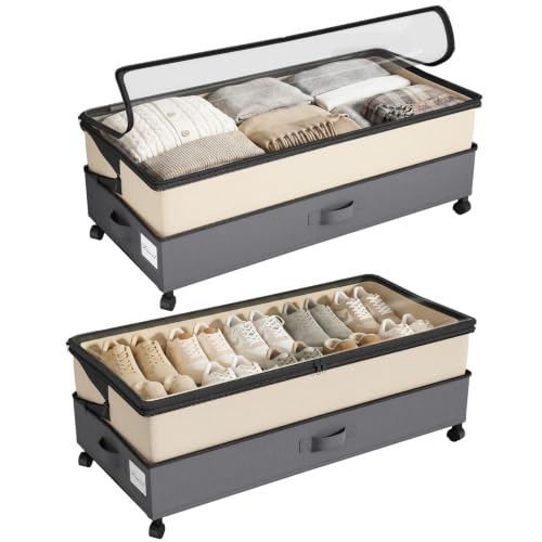 Kitstorack 2Pack Height-adjustable Under Bed Storage with Wheels, Under Bed Storage Containers,Under Bed Shoe Storage Organizer with Clear Window&Label, Suitable for Clothes Storage, Beige & Gray - color: Beige & Gray, size: 2 Pack