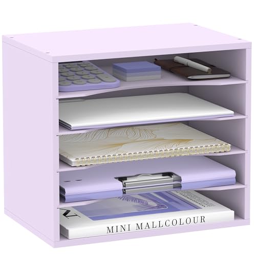 SUPEASY Wood Desk Organizer, 5 Tier Paper File Organizer for Desk, Wooden Desktop Organizer, Paper Letter Literature Mail Sorter, for Office School & Home Organization, Purple - color: Purple, size: 13.4" x 9.1" x 12", style: 5 Compartments