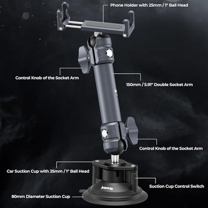Suction Cup Car Phone Mount for Dashboard/Windshield/Mirror/Desk, with 25mm Ball Head and Aluminum Magic Arm, Phone Holder for iPhone/Samsung/Android, Fits Phone Width 2.56-3.74"(KPS-11) - color: KPS-11