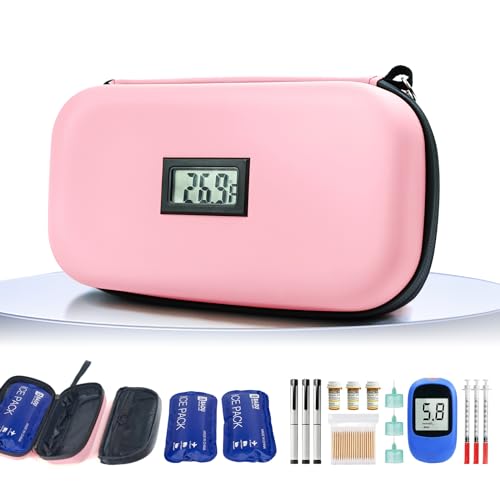 Gosemai TSA Approved Insulin Cooler Travel Case Medication Cooler for Travel with Thermometer Temperature Display Diabetic Medication Organizer Medical Travel Cooler Bag with 2 Ice Pack - color: Pink