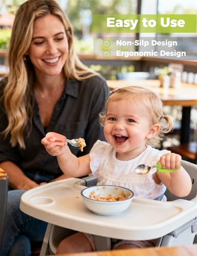 Toddler Utensils, Stainless Steel Baby Forks and Spoons Set with Silicone Handle, Kids Silverware with Portable Storage Case, Baby Feeding Essentials, Dishwasher Safe (Green+Pink) - color: Green+Pink