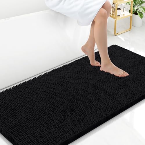 Arotive Bathroom Rugs 47x24, Extra Soft Absorbent Shaggy Chenille Bath Rugs, Machine Washable Rubber Backing Non-Slip Bath Mats for Bathroom Floor Tub and Shower, Home Decor Accessories, Black - color: Black, size: 47" X 24"