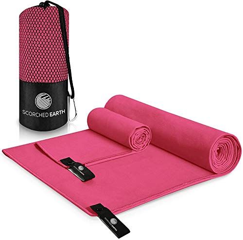 ScorchedEarth Microfiber Travel & Sports Towel Set - Quick Dry, Super Absorbent, Compact, Lightweight - for Camping, Backpacking, Hiking, Beach, Yoga, Swimming - Includes 2 Sizes + Carrying Bag & Clip - color: Rose Pink, size: Large Set (30x60” & 12x24”)