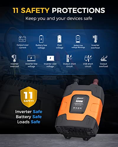 Ampeak 400W Power Inverter, 12V DC to 110V AC, 11 Protections | 800W Surge Peak, 2 AC Outlets, Dual USB 4.8A, Quiet Fan, for Car Truck Laptop Phone - style: 400W