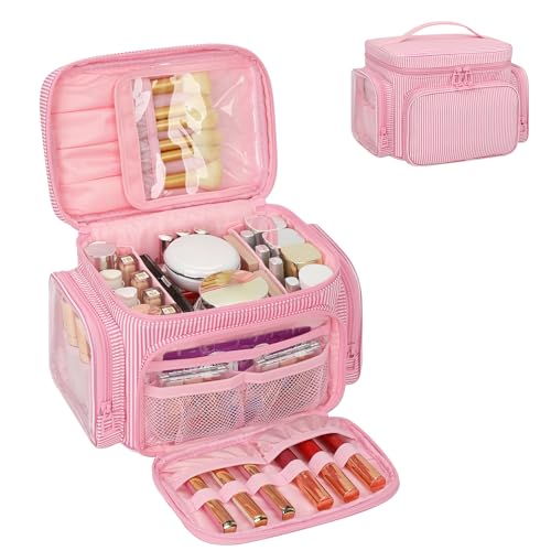 Large Makeup Bag, Portable Travel Makeup Bag Organizer for Women Girls with Makeup Brush Compartment & Two Side Pockets, Cosmetic Travel Bag Vertical Storage Toiletry Bag - Pink Stripe - color: 05-Pink Stripes, size: Medium