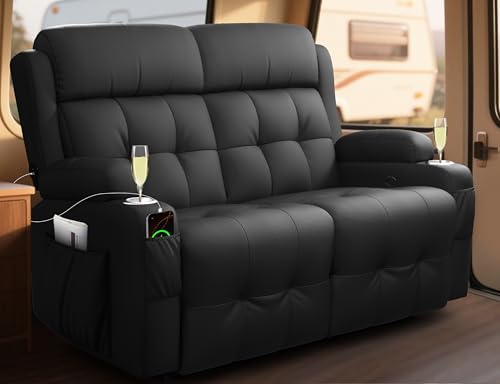 RV Loveseat Recliner Sofa, Wall Hugger Recliners with USB, Cup Holders & Storage Pockets, Pebble Texture Reclining Couch, 150° Manual Sleeper Sofa for RV Furniture & Home Theater Seating - color: Pebbled Black, size: Loveseat-G1