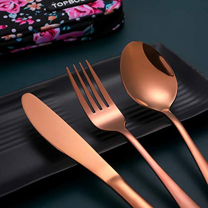 Travel Utensils,Reusable Silverware Set To Go Portable Cutlery Set with a Waterproof Carrying Case for Lunch Boxes Workplace Camping Picnic (Rosegold) - color: Rosegold
