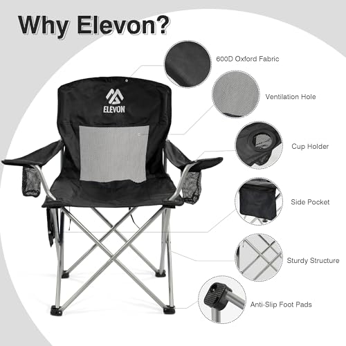 Elevon Camping Chair, Portable Folding Outdoor Chair with Arms, Cup Holder and Carry Bag - color: Midnight