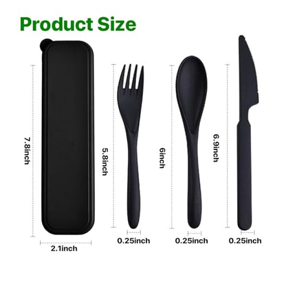Travel Utensils with Case, 12 Sets Camping Utensil Sets, Wheat Straw Portable Knife Fork Spoons Tableware, Reusable Utensils for Lunch Box (Black) - color: Black-12Pack