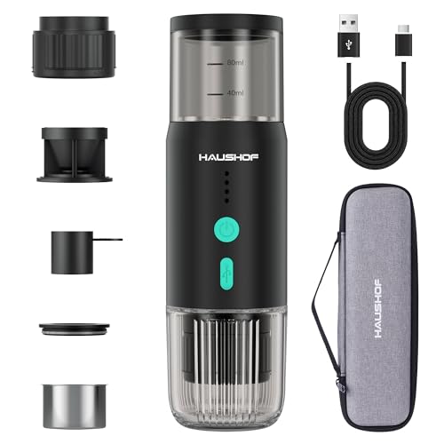 HAUSHOF Portable Electric Espresso Machine, 20 Bar Fast Heat-Up Travel Coffee Maker, USB-C Rechargeable Compatible with Ground Coffee & NS Capsules, for Car, Camping, RV, Hiking & Office
