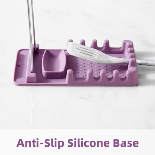 Silicone Utensil Rest with Foldable Stainless Steel Lid Holder – Multi-Slot Spoon & Spatula Holder, Heat Resistant, Non-Slip Rubber Feet, Dishwasher Safe, Space-Saving Kitchen Tool-grey - color: Gray