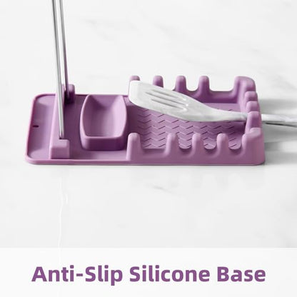 Silicone Utensil Rest with Foldable Stainless Steel Lid Holder – Multi-Slot Spoon & Spatula Holder, Heat Resistant, Non-Slip Rubber Feet, Dishwasher Safe, Space-Saving Kitchen Tool - color: Purple