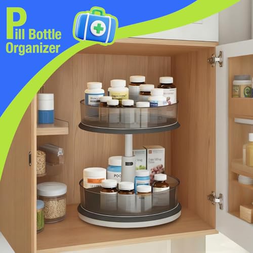 2 Tier Lazy Susan Turntable Organizer for Medicine Cabinet Bottle Pantry Countertop with Clear Large Spice Rack 11 Inch Grey