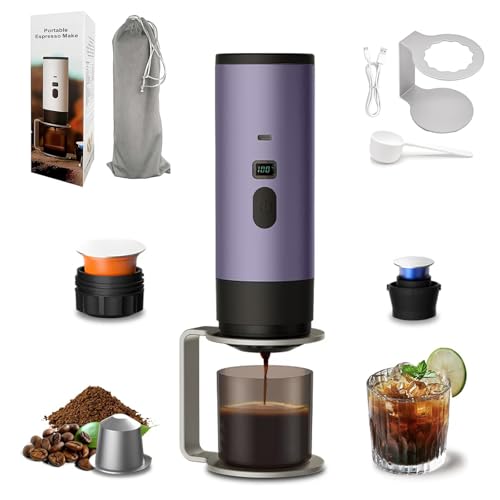 3-in-1 Portable Coffee Maker, 15 Bar Portable Espresso Machine with LED Display and 90ml Sink, Travel Coffee Maker Self-Heating Compatible with Ground Coffee & Capsules(Ns&DG) for RV, Office (Purple) - color: Purple
