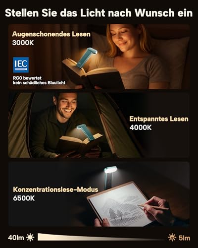 86lux Book Light, Reading Light for Book in Bed, USB Rechargeable LED Night Light with 3 Colors & Stepless Dimming, Aluminum Alloy Bookmark Light for Book Lovers, Aqua - color: Aqua