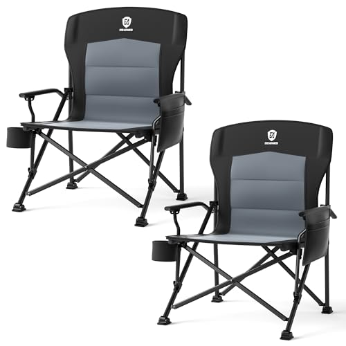 EVER ADVANCED Oversized Folding Camping Chair for Adults, Heavy Duty Lawn Chair with Side Pockets, Portable Collapsible Quad Chair for Outside, Support Up to 500lbs, Black 2PACK - color: Black-2pack