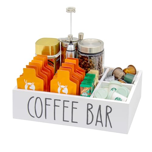 Coffee Station Organizer with Removable Dividers Disposable Cup Holder Wooden Countertop Organizer for Tea Condiment Accessories Storage Farmhouse Bar Decor Black (White) - color: White